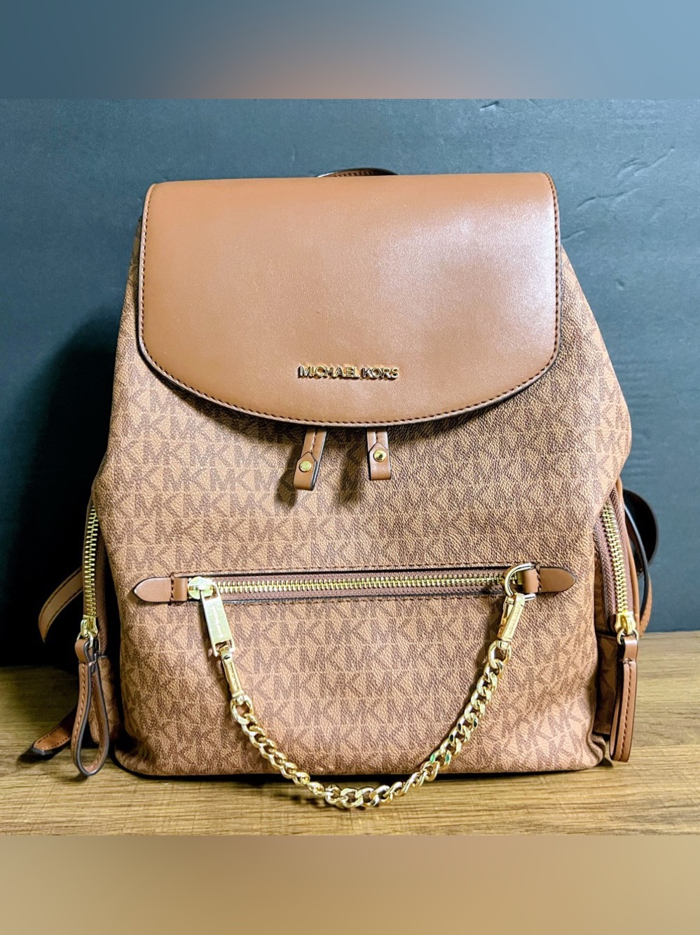 Michael Kors Brown Tan Signature MK Monogram Backpack with Gold Chain Accent